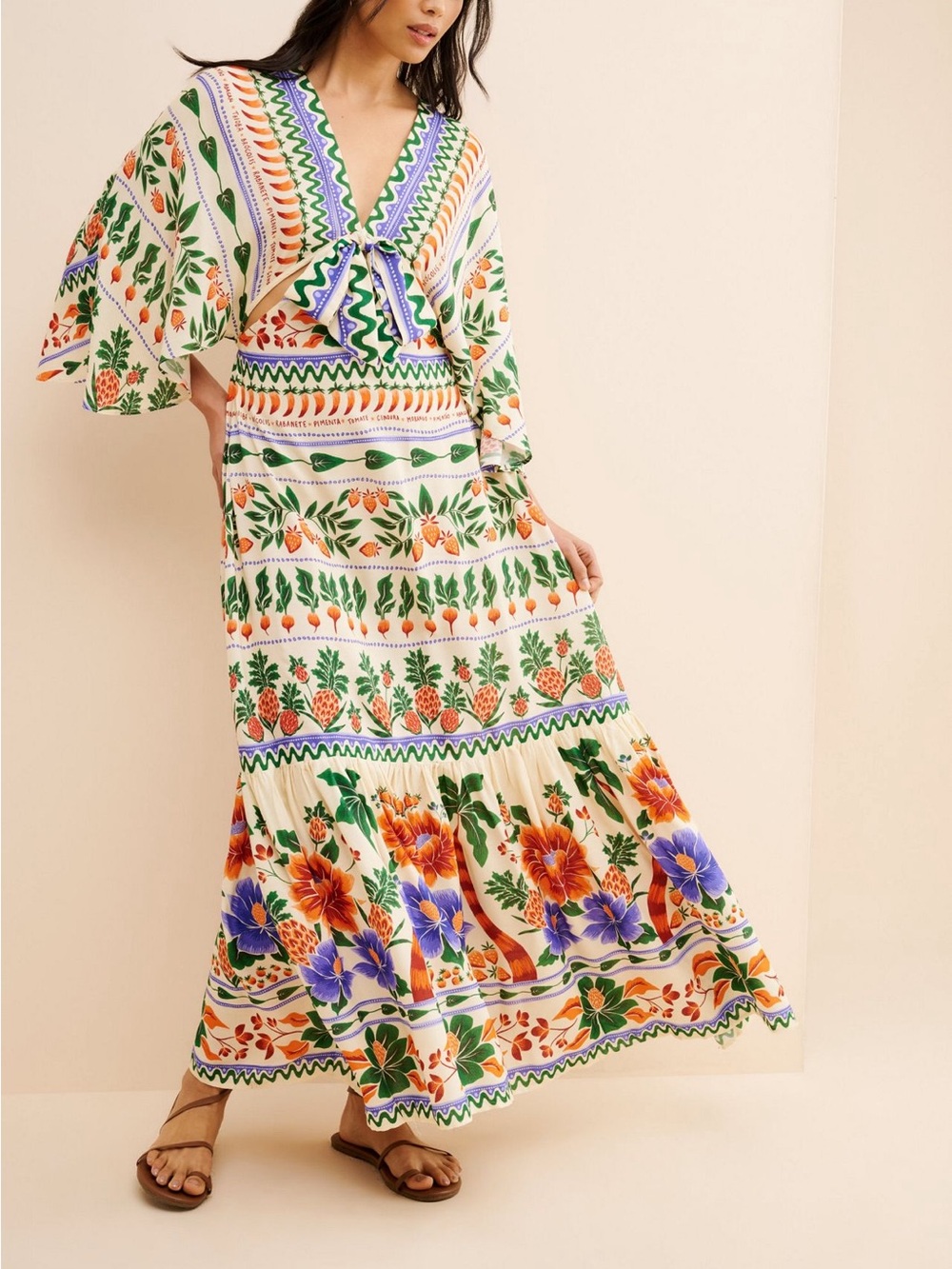 FARM Rio Cream Maxi Dress with Orange, Green & Purple Floral Print